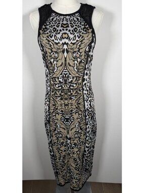 Vintage 90s Cache black gold metallic leopard bodycon mobwife sexy dress M